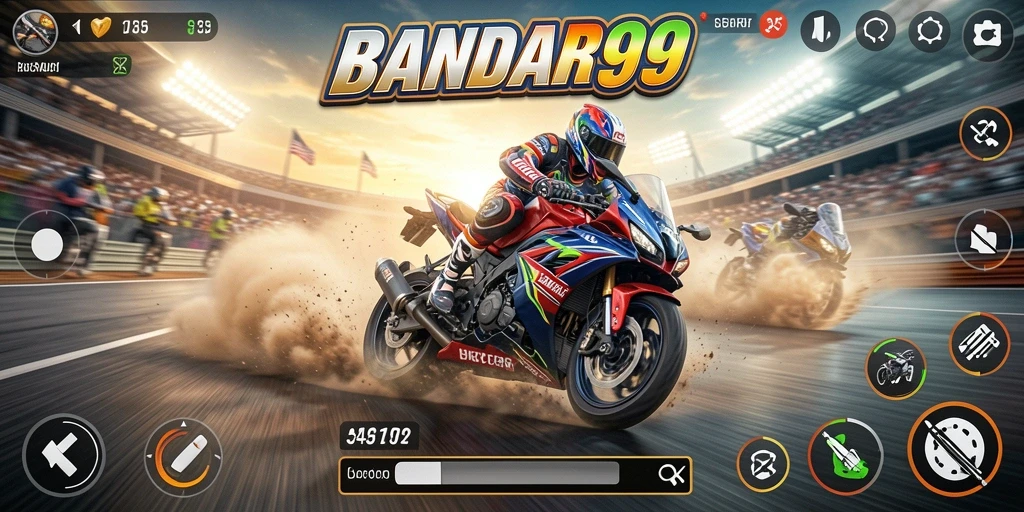 Screenshot utama BANDAR99 menampilkan balapan motor yang menegangkan dengan lingkungan yang menarik.