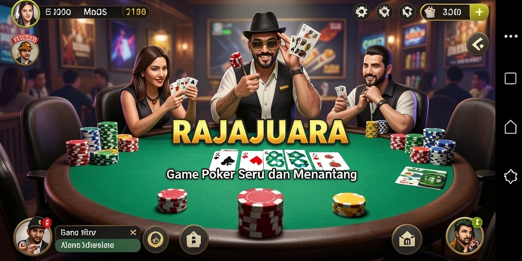 Tampilan utama RAJAJUARA menunjukkan gameplay Poker yang mendebarkan.