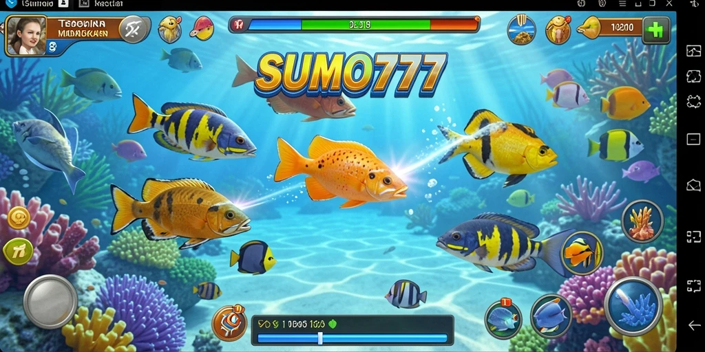 Screenshot utama SUMO777 menampilkan aksi seru menembak ikan.